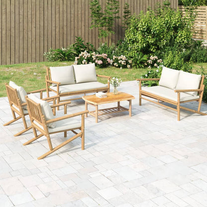 Set Salotto da Giardino 5pz con Cuscini Bianco Crema in Bambù | homemem39