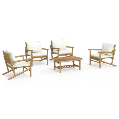 Set Salotto da Giardino 5pz con Cuscini Bianco Crema in Bambù | homemem39