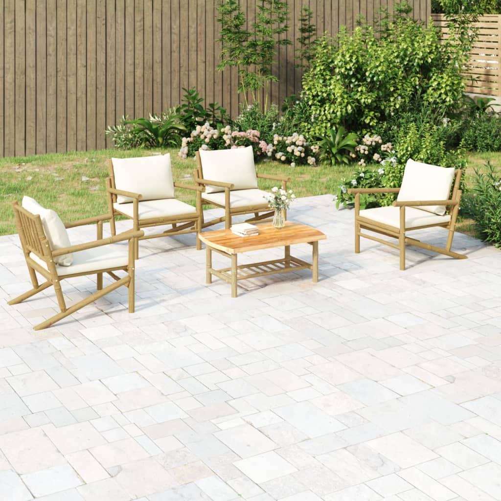 Set Salotto da Giardino 5pz con Cuscini Bianco Crema in Bambù | homemem39