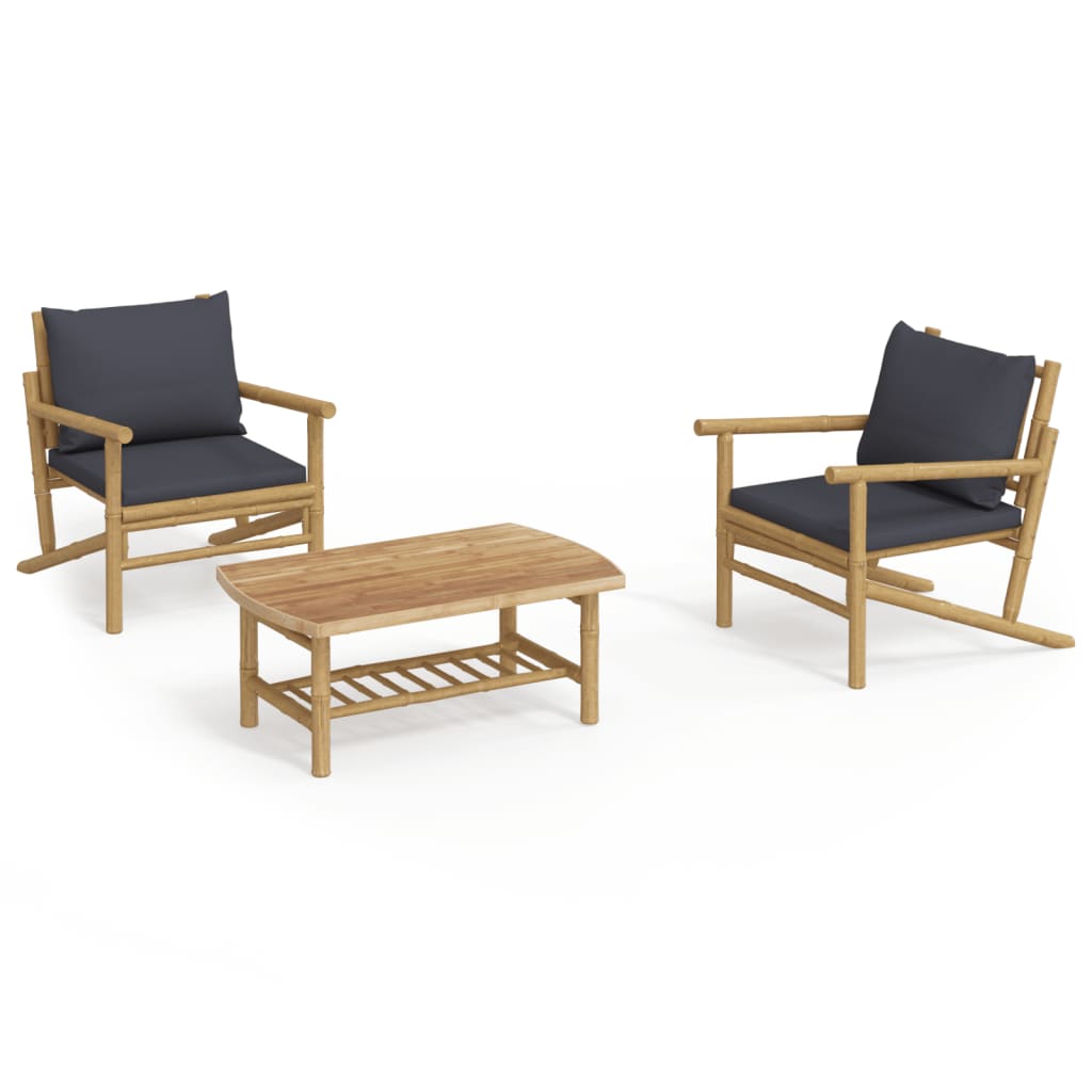 Set Salotto da Giardino 3pz con Cuscini Grigio Scuro Bambù | homemem39