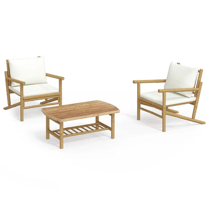 Set Salotto da Giardino 3pz con Cuscini Bianco Crema in Bambù | homemem39