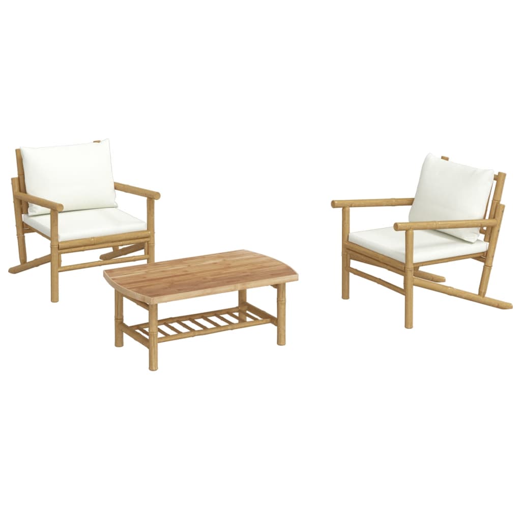Set Salotto da Giardino 3pz con Cuscini Bianco Crema in Bambù | homemem39