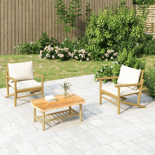 Set Salotto da Giardino 3pz con Cuscini Bianco Crema in Bambù - homemem39