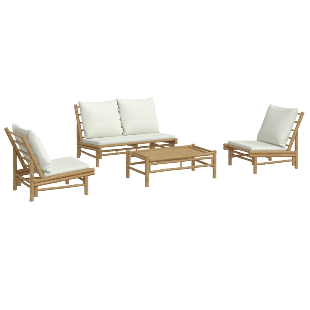 Set Salotto da Giardino 4pz con Cuscini Bianco Crema in Bambù | homemem39
