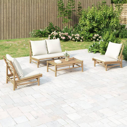 Set Salotto da Giardino 4pz con Cuscini Bianco Crema in Bambù | homemem39