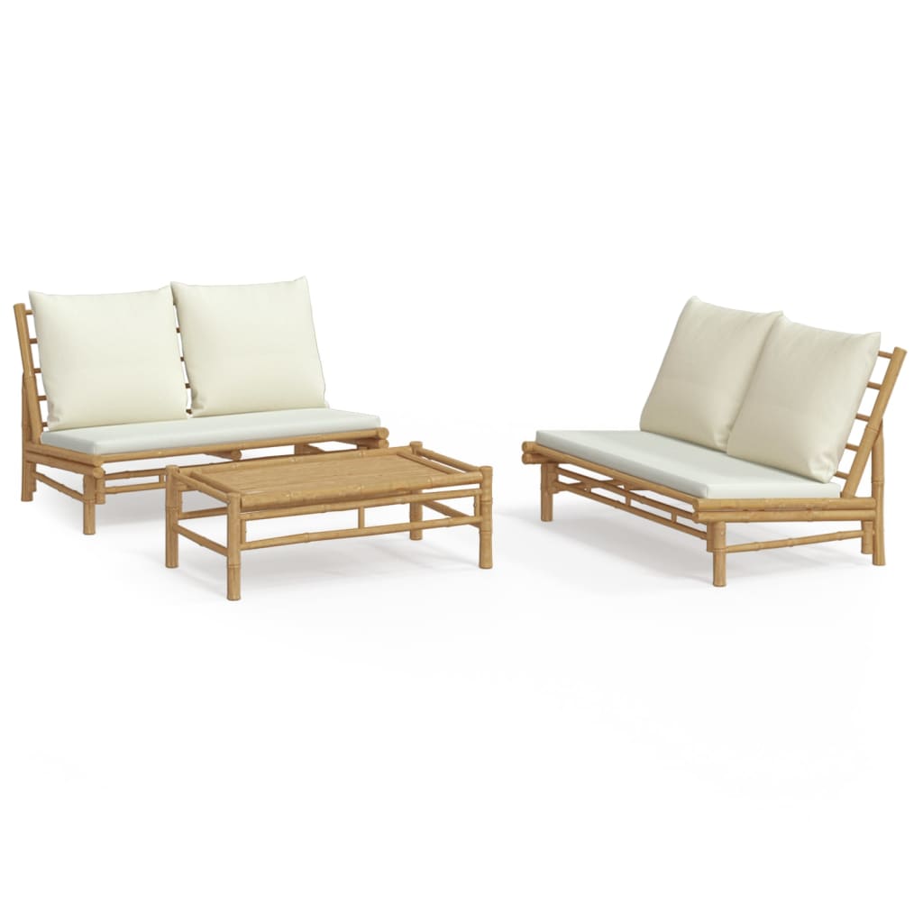 Set Salotto da Giardino 3pz con Cuscini Bianco Crema in Bambù | homemem39
