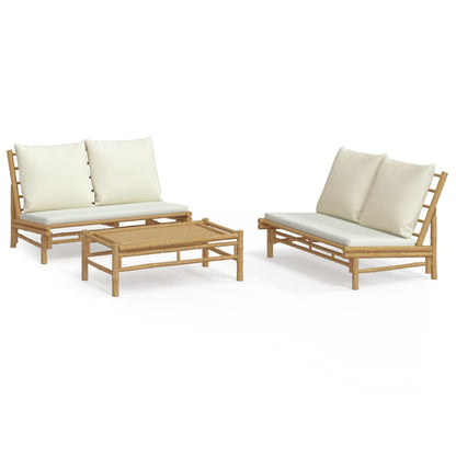 Set Salotto da Giardino 3pz con Cuscini Bianco Crema in Bambù | homemem39