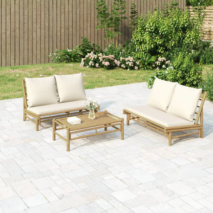 Set Salotto da Giardino 3pz con Cuscini Bianco Crema in Bambù | homemem39
