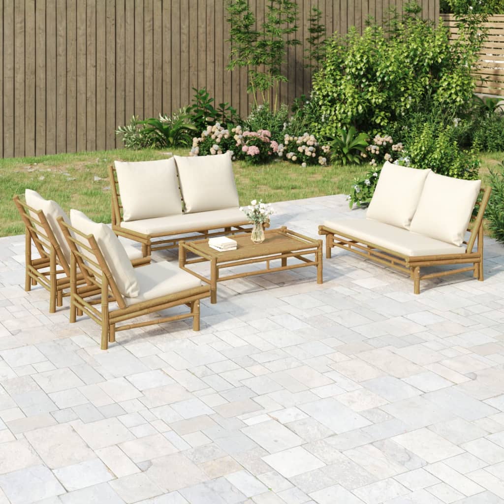 Set Salotto da Giardino 5pz con Cuscini Bianco Crema in Bambù | homemem39