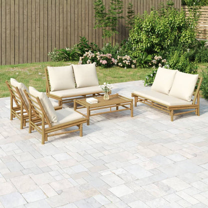 Set Salotto da Giardino 5pz con Cuscini Bianco Crema in Bambù | homemem39