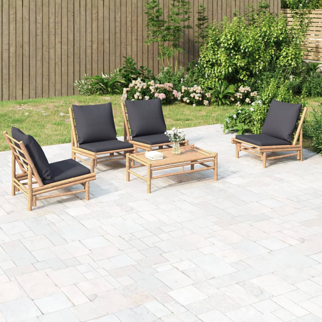 Set Salotto da Giardino 5pz con Cuscini Grigio Scuro Bambù | homemem39