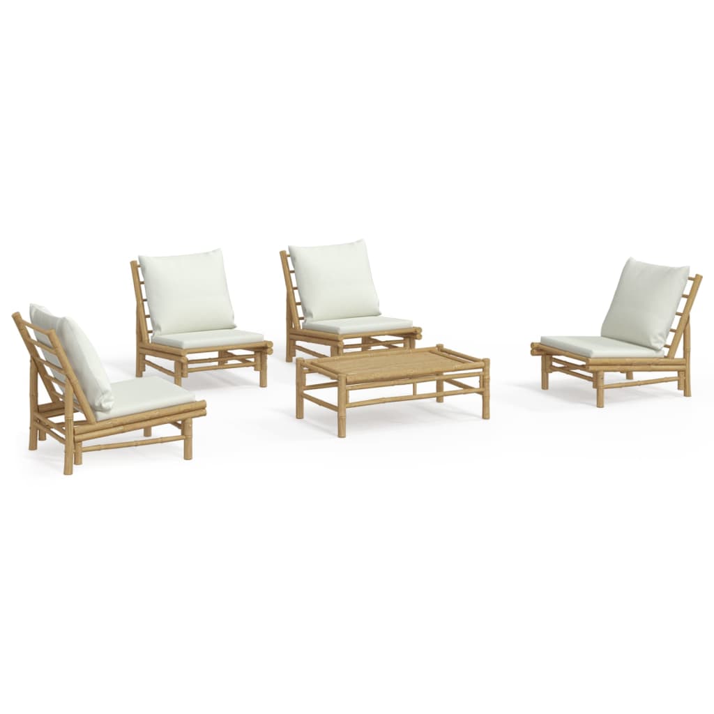 Set Salotto da Giardino 5pz con Cuscini Bianco Crema in Bambù | homemem39