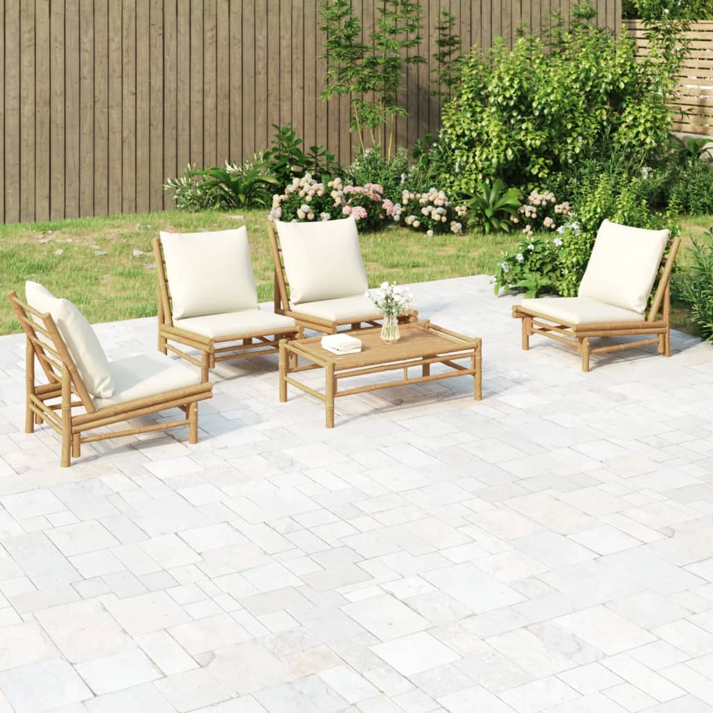 Set Salotto da Giardino 5pz con Cuscini Bianco Crema in Bambù | homemem39