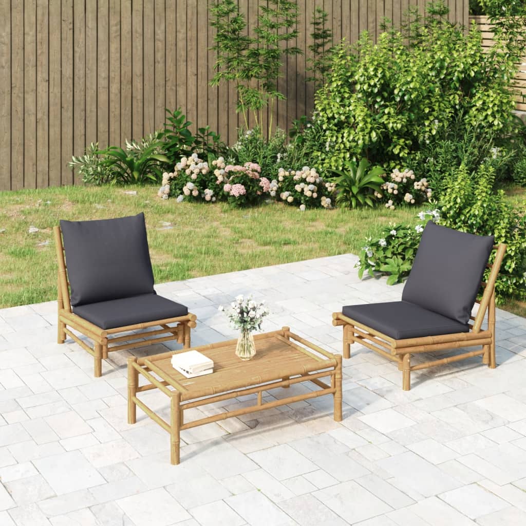 Set Salotto da Giardino 3pz con Cuscini Grigio Scuro Bambù - homemem39