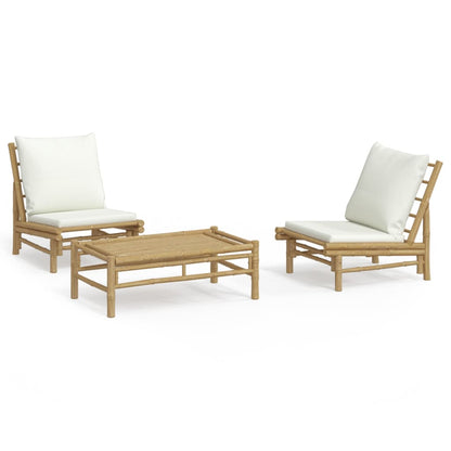 Set Salotto da Giardino 3pz con Cuscini Bianco Crema in Bambù | homemem39