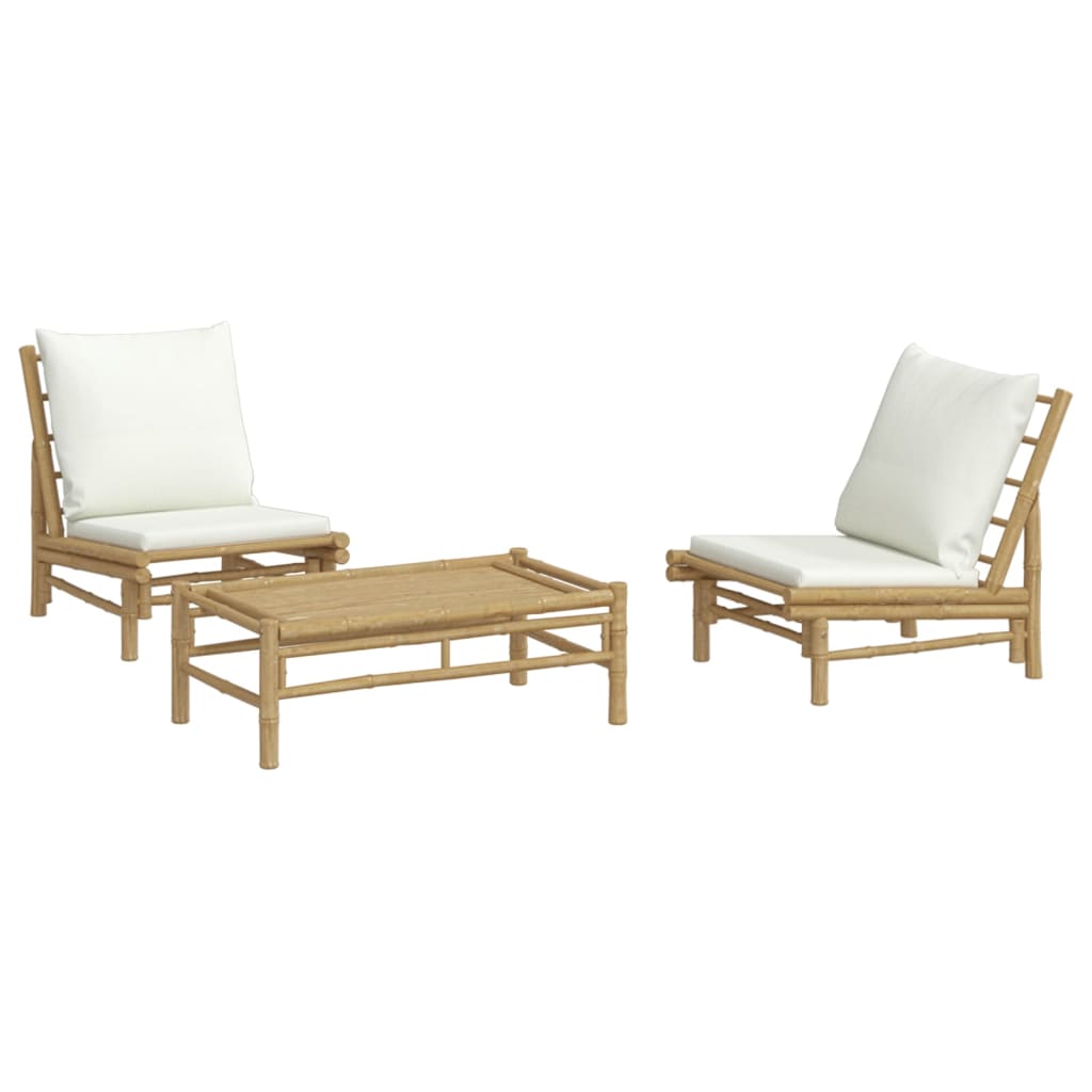 Set Salotto da Giardino 3pz con Cuscini Bianco Crema in Bambù | homemem39