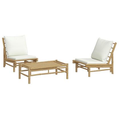 Set Salotto da Giardino 3pz con Cuscini Bianco Crema in Bambù | homemem39