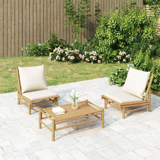 Set Salotto da Giardino 3pz con Cuscini Bianco Crema in Bambù - homemem39