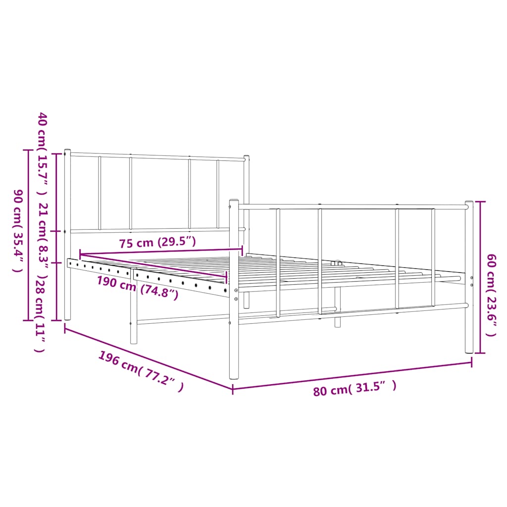 Giroletto con Testiera e Pediera Metallo Nero 75x190 cm | homemem39