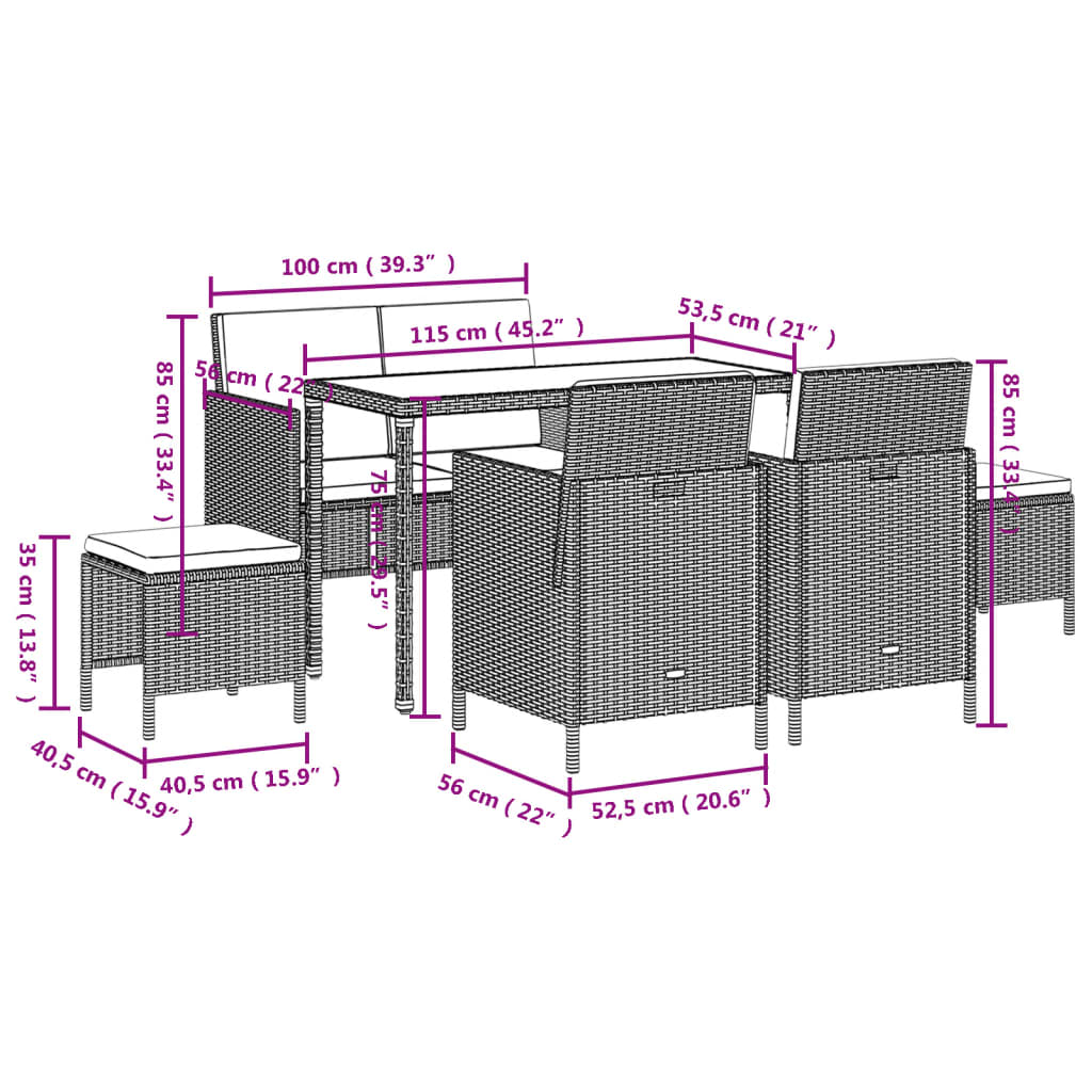 Set da Pranzo da Giardino 6pz con Cuscini in Polyrattan Marrone - homemem39