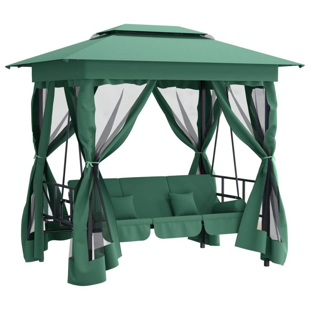 Gazebo con Panca a Dondolo Convertibile Verde Tessuto e Acciaio - homemem39