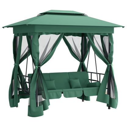 Gazebo con Panca a Dondolo Convertibile Verde Tessuto e Acciaio - homemem39