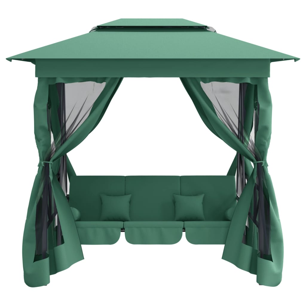 Gazebo con Panca a Dondolo Convertibile Verde Tessuto e Acciaio - homemem39
