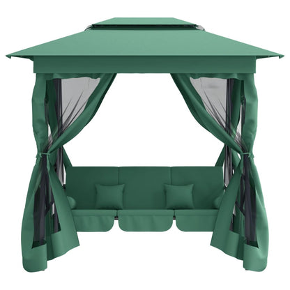 Gazebo con Panca a Dondolo Convertibile Verde Tessuto e Acciaio - homemem39