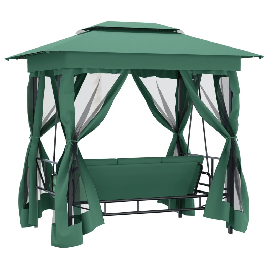 Gazebo con Panca a Dondolo Convertibile Verde Tessuto e Acciaio - homemem39