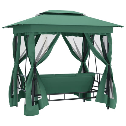Gazebo con Panca a Dondolo Convertibile Verde Tessuto e Acciaio - homemem39