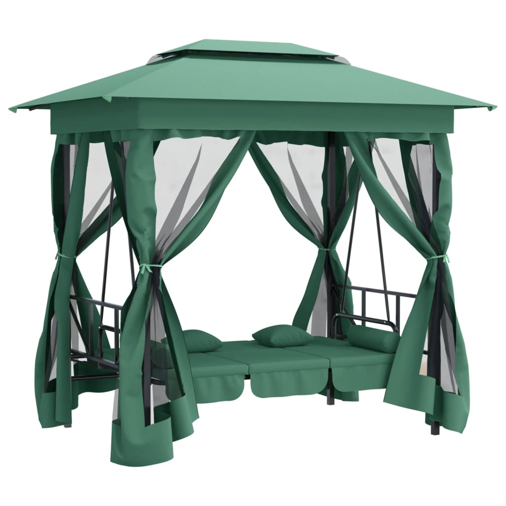 Gazebo con Panca a Dondolo Convertibile Verde Tessuto e Acciaio - homemem39