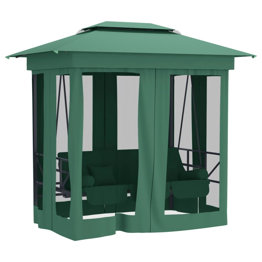 Gazebo con Panca a Dondolo Convertibile Verde Tessuto e Acciaio - homemem39