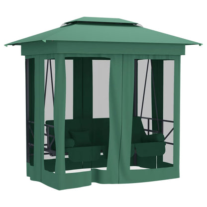 Gazebo con Panca a Dondolo Convertibile Verde Tessuto e Acciaio - homemem39