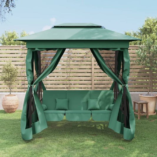 Gazebo con Panca a Dondolo Convertibile Verde Tessuto e Acciaio - homemem39