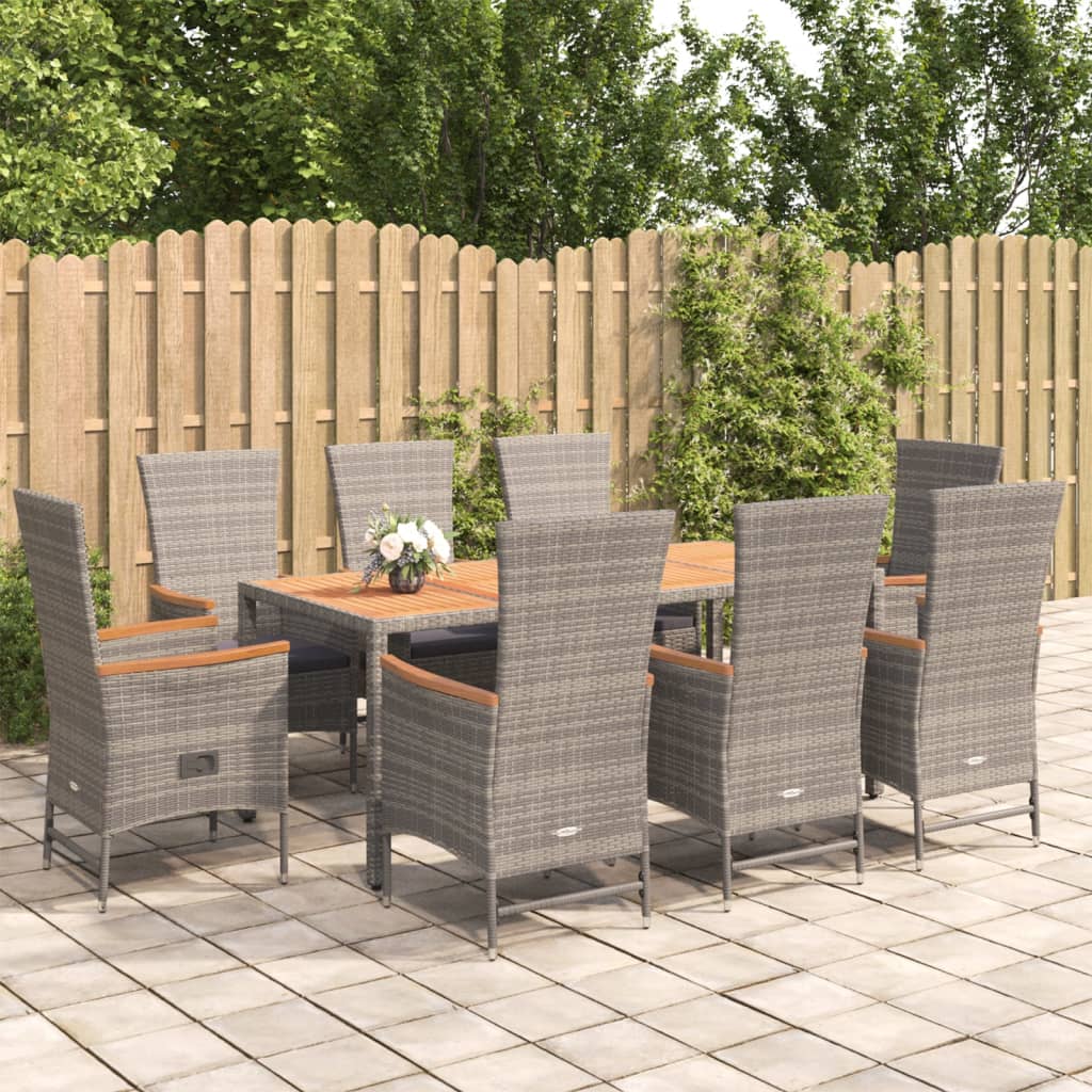 Set da Pranzo da Giardino 9 pz con Cuscini in Polyrattan Grigio - homemem39