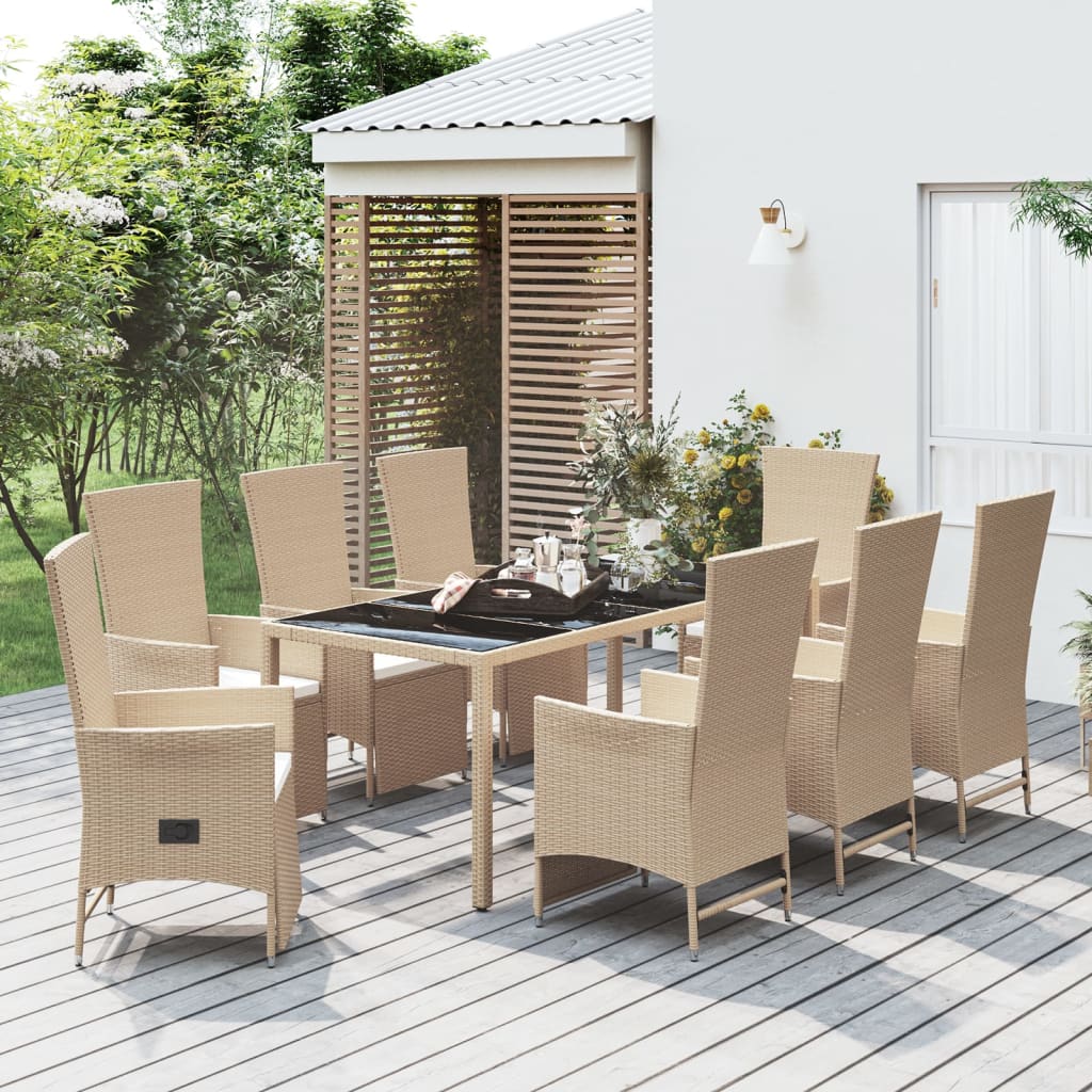 Set da Pranzo da Giardino 9 pz con Cuscini Beige in Polyrattan - homemem39
