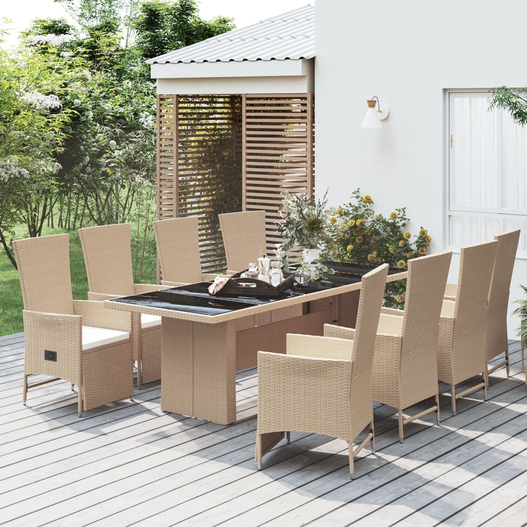 Set da Pranzo da Giardino 9 pz con Cuscini Beige in Polyrattan | homemem39