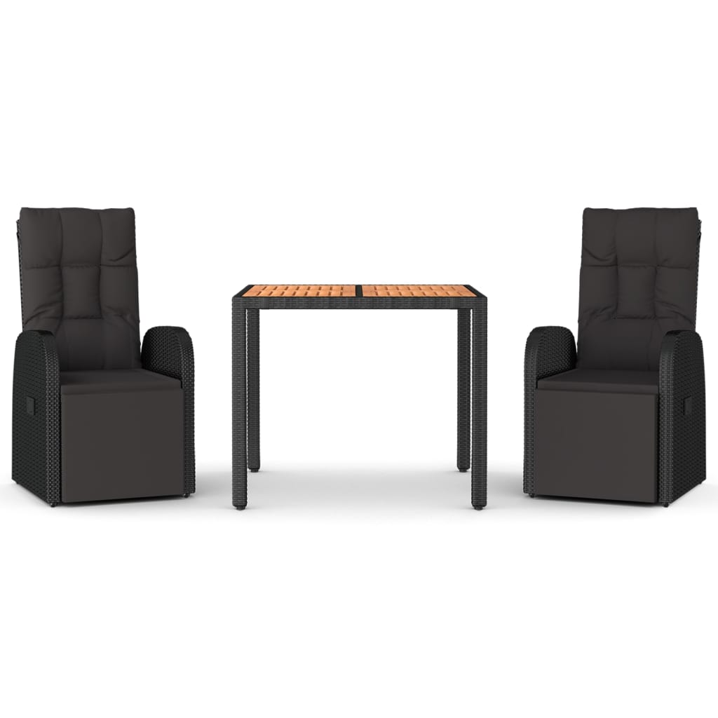Set Pranzo Giardino 3pz Nero Polyrattan e Legno Massello Acacia | homemem39