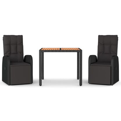 Set Pranzo Giardino 3pz Nero Polyrattan e Legno Massello Acacia | homemem39
