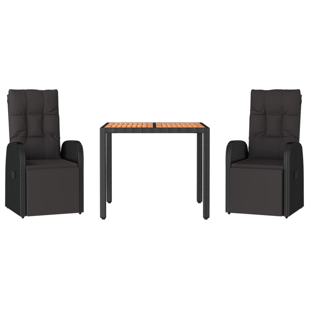 Set Pranzo Giardino 3pz Nero Polyrattan e Legno Massello Acacia | homemem39