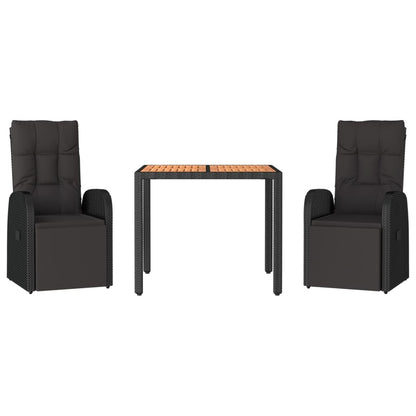 Set Pranzo Giardino 3pz Nero Polyrattan e Legno Massello Acacia | homemem39