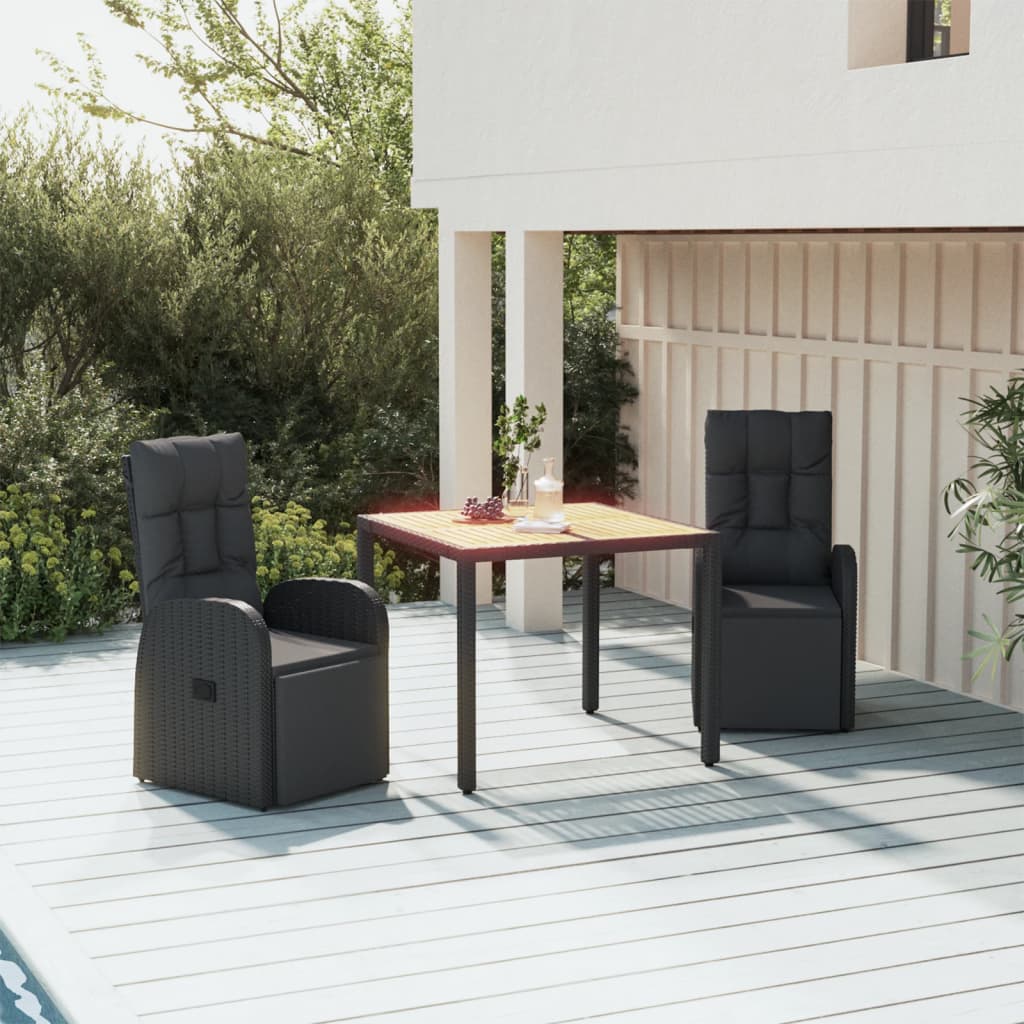 Set Pranzo Giardino 3pz Nero Polyrattan e Legno Massello Acacia | homemem39