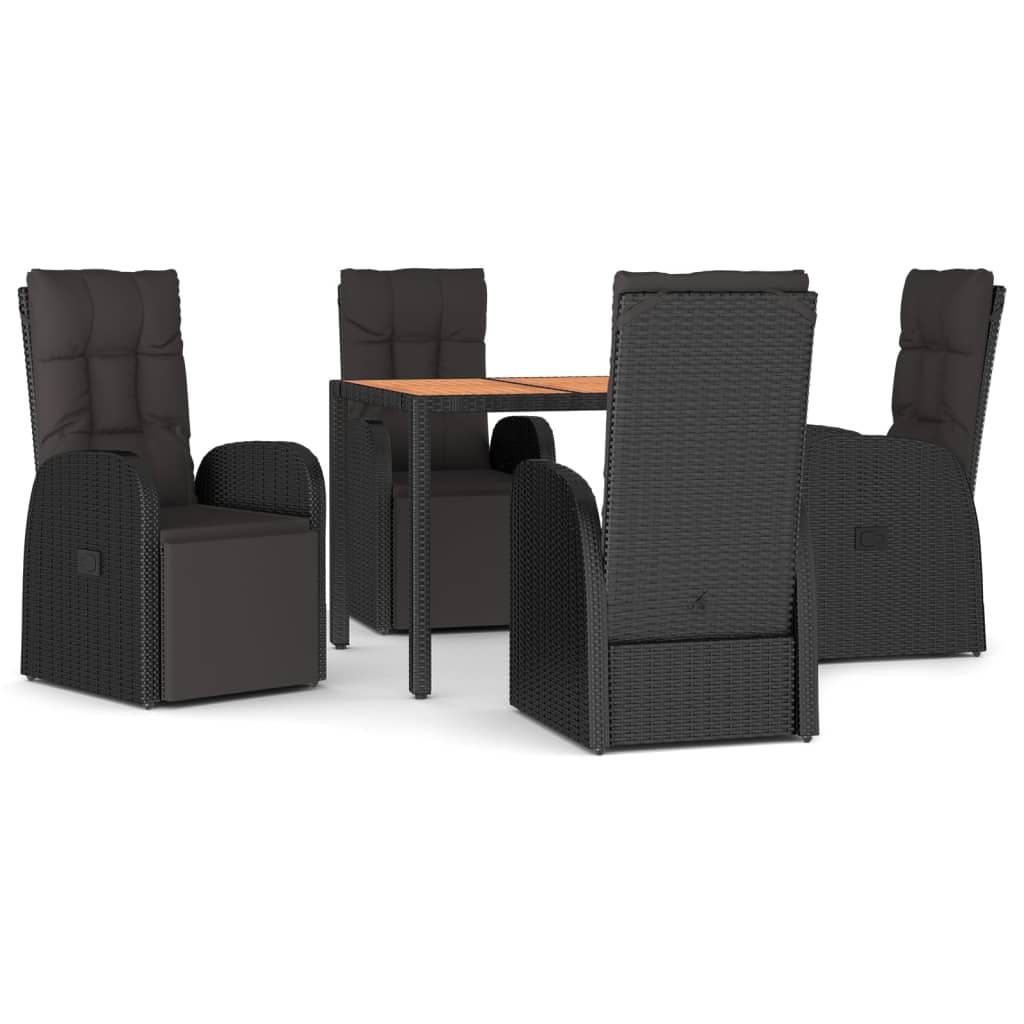 Set Pranzo Giardino 5pz Nero Polyrattan Legno Massello Acacia | homemem39