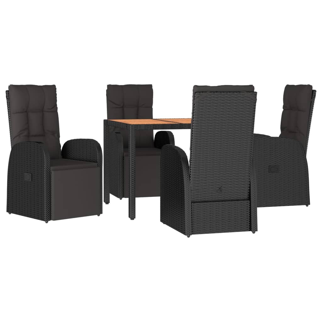 Set Pranzo Giardino 5pz Nero Polyrattan Legno Massello Acacia | homemem39