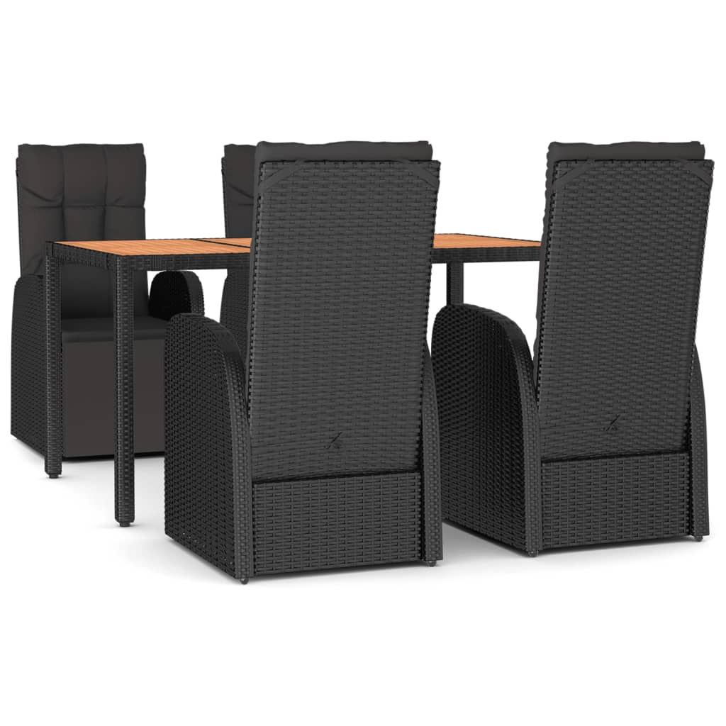 Set Pranzo Giardino 5pz Nero Polyrattan Legno Massello Acacia | homemem39