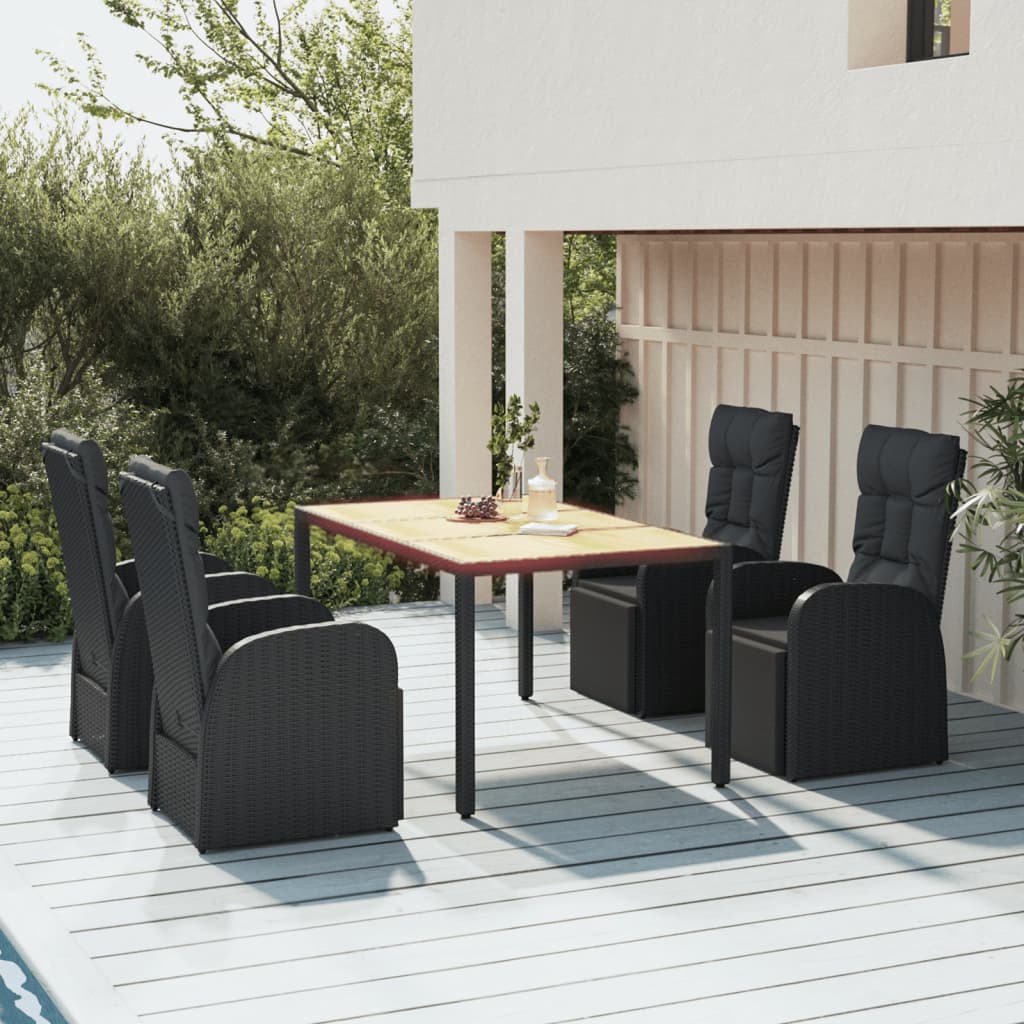 Set Pranzo Giardino 5pz Nero Polyrattan Legno Massello Acacia | homemem39