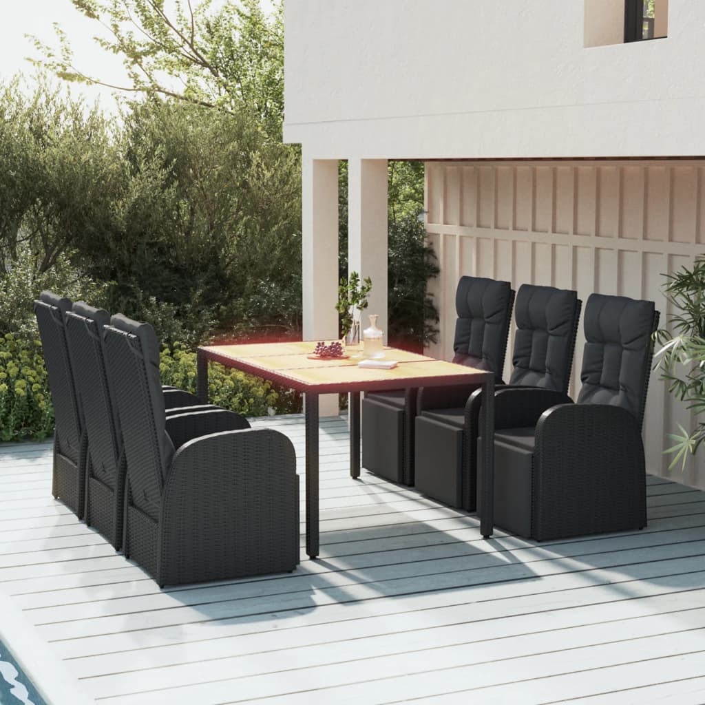 Set Pranzo Giardino 7pz Nero Polyrattan e Legno Massello Acacia | homemem39