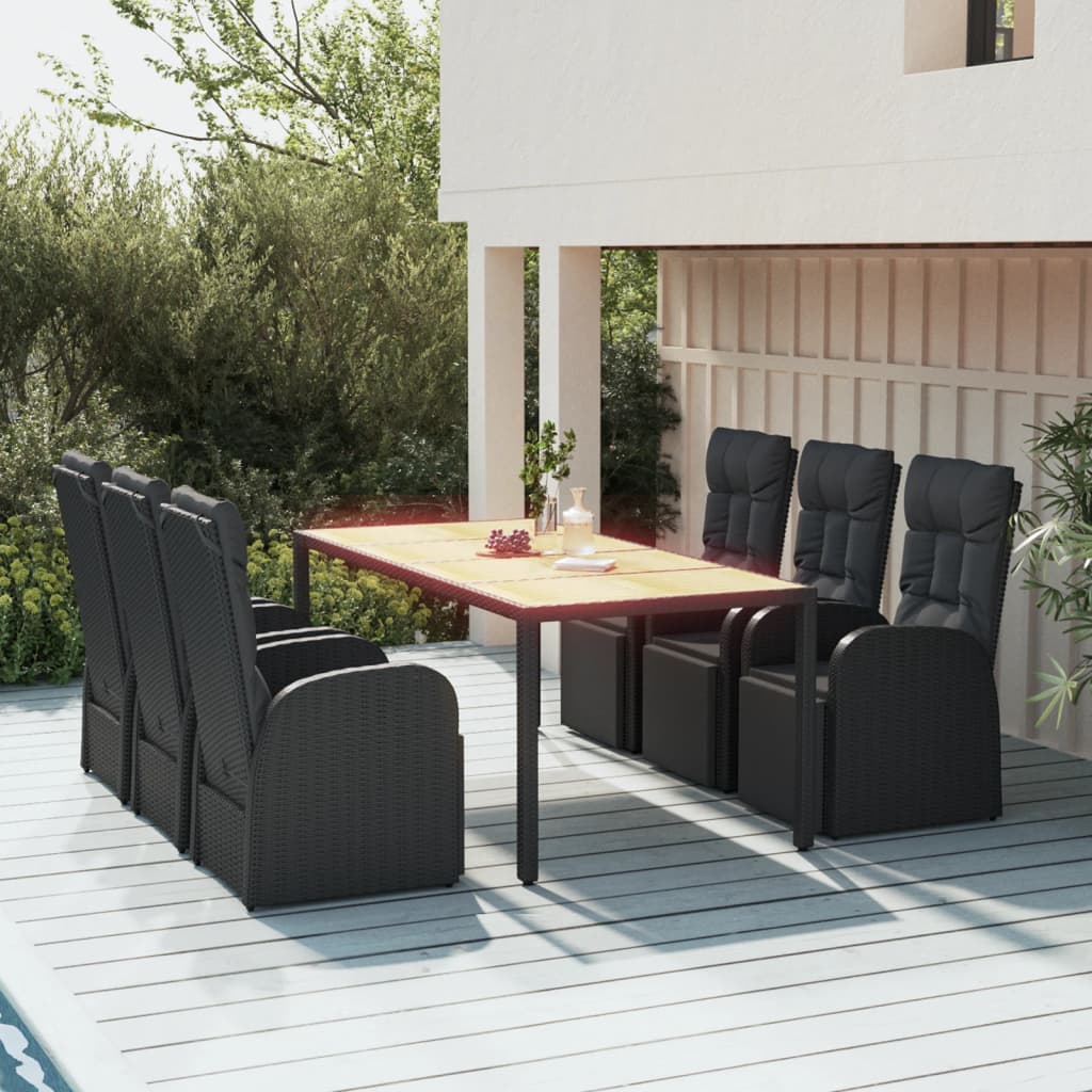 Set Pranzo Giardino 7pz Nero Polyrattan e Legno Massello Acacia | homemem39