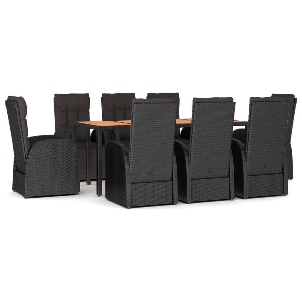 Set Pranzo Giardino 9pz Nero Polyrattan e Legno Massello Acacia | homemem39