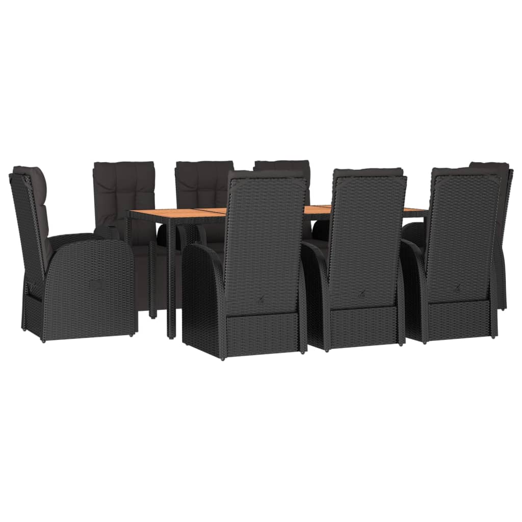 Set Pranzo Giardino 9pz Nero Polyrattan e Legno Massello Acacia | homemem39